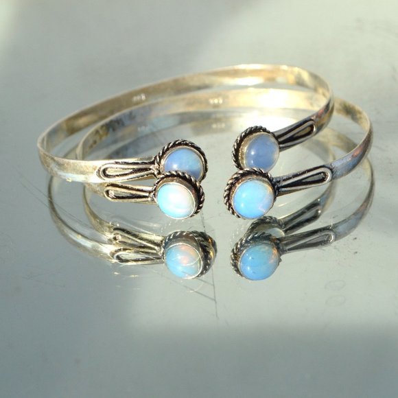 Opalite Bracelet Silver Plated 2 Cuffs Set Boho - Picture 3 of 6
